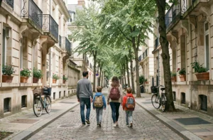 Famille se promenant dans un quartier résidentiel calme de Nantes avec des façades en pierre et des trottoirs en pavés