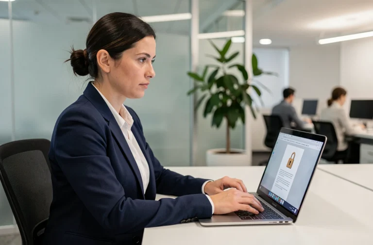 Femme professionnelle cryptant un fichier PDF sur son ordinateur portable dans un bureau moderne
