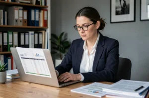 Femme française en veste de blazer gérant son budget sur un ordinateur portable dans un bureau à domicile parisien