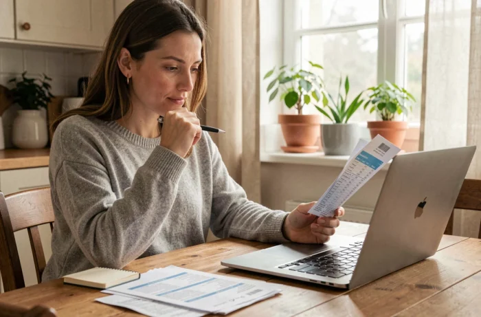 Femme en train de gérer son budget personnel sur un ordinateur portable à la table de cuisine, entourée de reçus et d'un carnet de notes