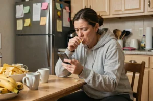 Femme fatiguée qui grignote des chips devant son téléphone dans une cuisine encombrée, illustrant les mauvaises habitudes alimentaires liées au surpoids