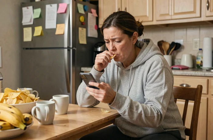 Femme fatiguée qui grignote des chips devant son téléphone dans une cuisine encombrée, illustrant les mauvaises habitudes alimentaires liées au surpoids