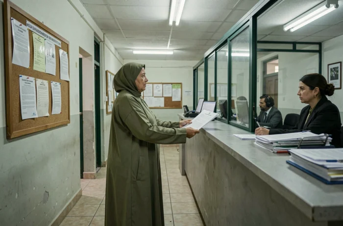 Femme marocaine déposant ses documents au guichet d'une administration pour la carte nationale