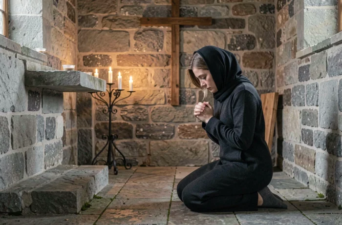 Femme en prière devant un autel dans une chapelle catholique rustique évoquant la spiritualité et la protection