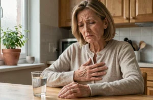 Femme d'âge mûr touchant son flanc gauche avec une expression douloureuse, évoquant les symptômes du zona récidivant