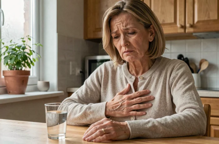Femme d'âge mûr touchant son flanc gauche avec une expression douloureuse, évoquant les symptômes du zona récidivant