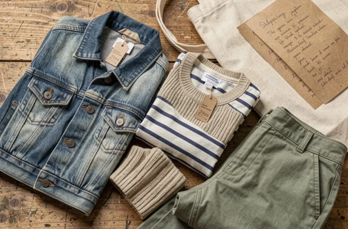 Flat lay de vêtements d'occasion pour enfants et adultes sur une surface en bois, avec étiquettes de prix et tote bag, mode responsable