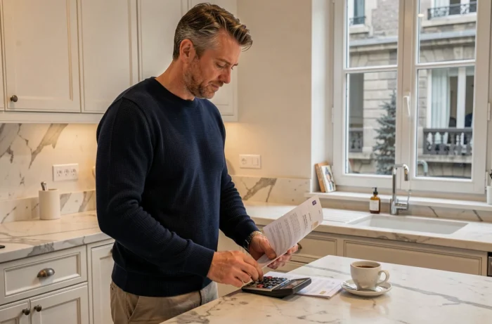 Homme français analysant un relevé bancaire dans une cuisine moderne avec calculatrice et café