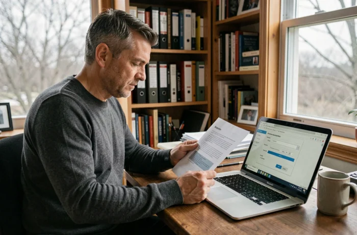 Homme travaillant à domicile sur le chiffrement d'un document PDF sensible avec un logiciel de protection