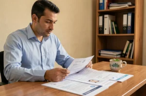 Homme marocain vérifiant ses documents officiels pour obtenir la carte nationale d'identité
