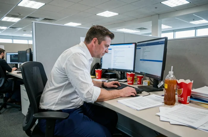 Homme sédentaire au bureau entouré de nourriture rapide et d'écrans, représentant le mode de vie favorisant la prise de poids au travail