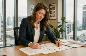 Femme investisseure immobilière analysant des plans et documents dans un bureau moderne avec vue sur la ville