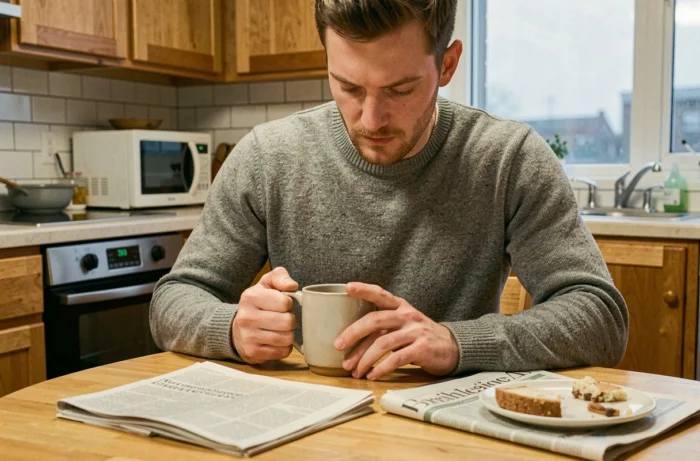 Jeune homme lisant l'actualité financière sur smartphone et journal économique au petit-déjeuner dans sa cuisine