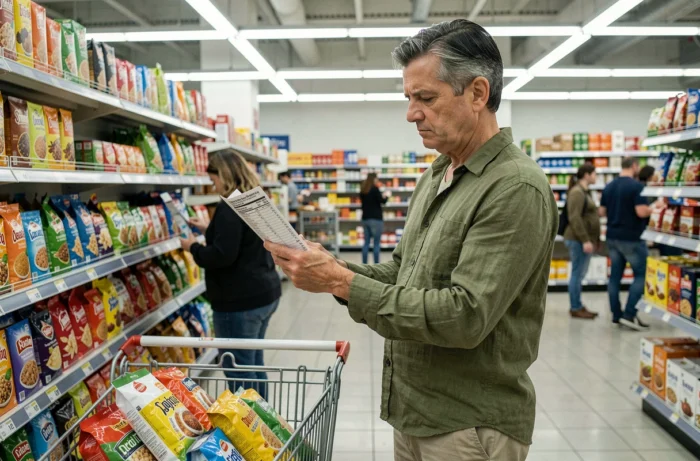 Personne lisant l'étiquette nutritionnelle d'un produit transformé dans un supermarché, symbolisant la difficulté à identifier les aliments favorisant le surpoids