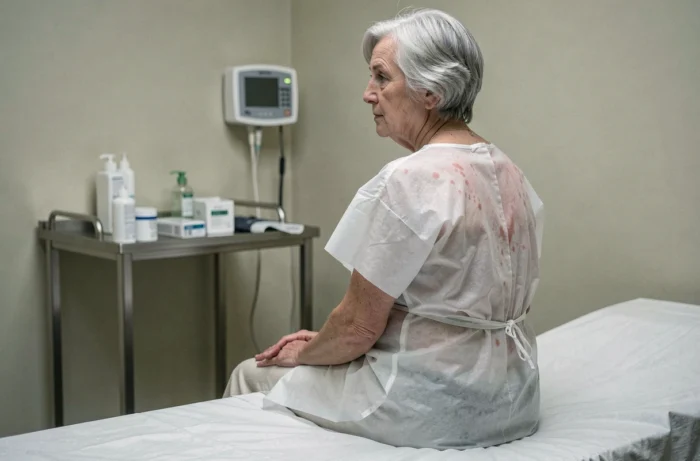 Femme âgée de dos montrant des lésions cutanées liées au zona sur le flanc droit dans un cabinet médical
