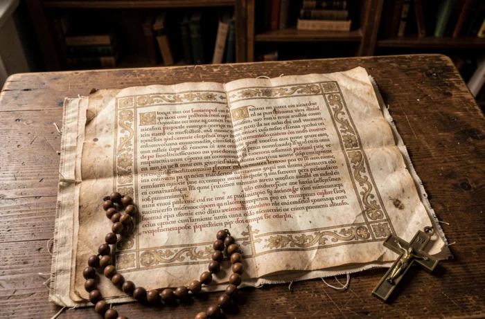 Manuscrit ancien de la prière d'exorcisme de Léon XIII en latin sur parchemin avec chapelet et crucifix