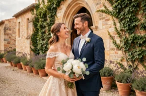 Mariés souriants devant une chapelle en pierre rustique lors d'une journée de mariage en Provence