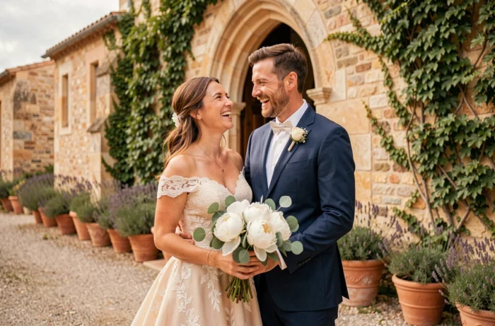 Mariés souriants devant une chapelle en pierre rustique lors d'une journée de mariage en Provence
