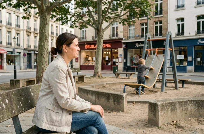 Mère attentive assise sur un banc dans une place urbaine de Nantes observant son enfant jouer