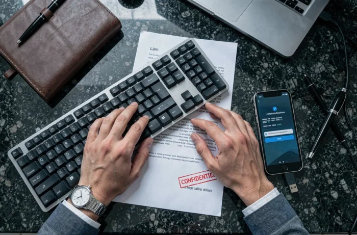 Vue aérienne d'un poste de travail sécurisé avec document confidentiel PDF, clé USB et authentification à deux facteurs