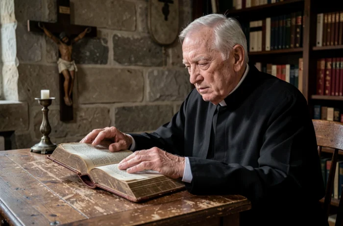Prêtre catholique âgé lisant une prière d'exorcisme dans un vieux livre liturgique en sacristie de pierre