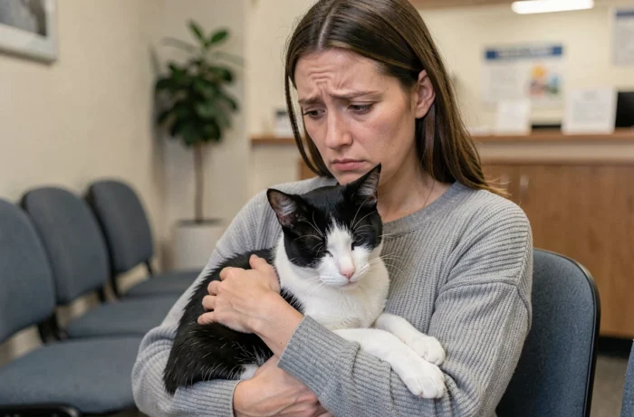 Propriétaire inquiète tenant son chat en salle d'attente vétérinaire après observation d'effets indésirables suite à la prise de Zodon