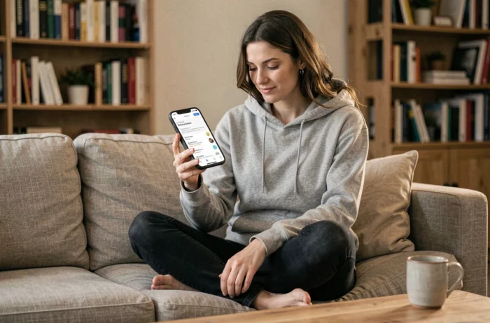 Jeune femme recherchant les pages utiles du site Need Sun sur son smartphone dans son salon