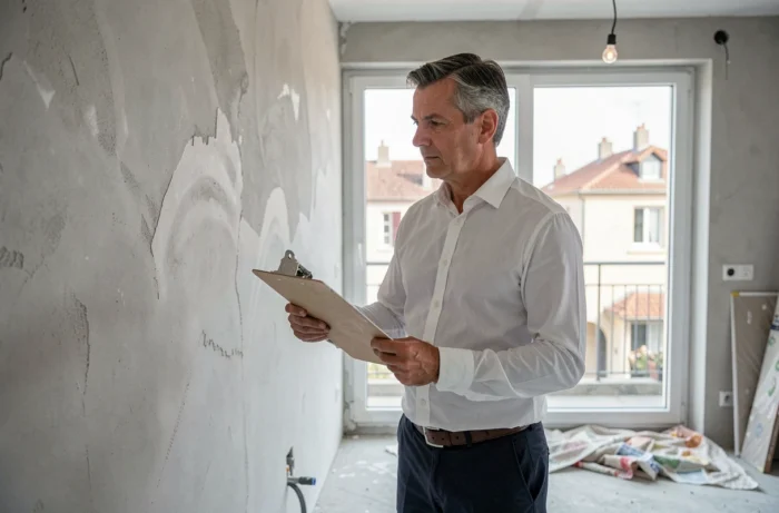 Investisseur immobilier inspectant un appartement en rénovation dans une ville de province française