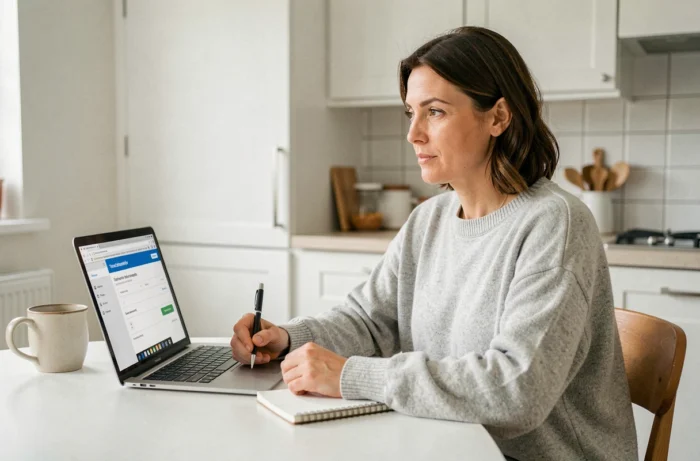 Femme effectuant une résiliation d'abonnement Bouygues sur son ordinateur portable depuis la cuisine