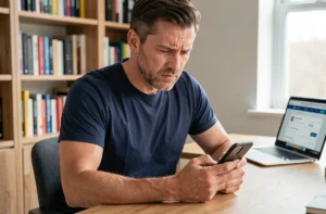 Homme consultant son smartphone pour résilier son abonnement Bouygues via l'espace client mobile