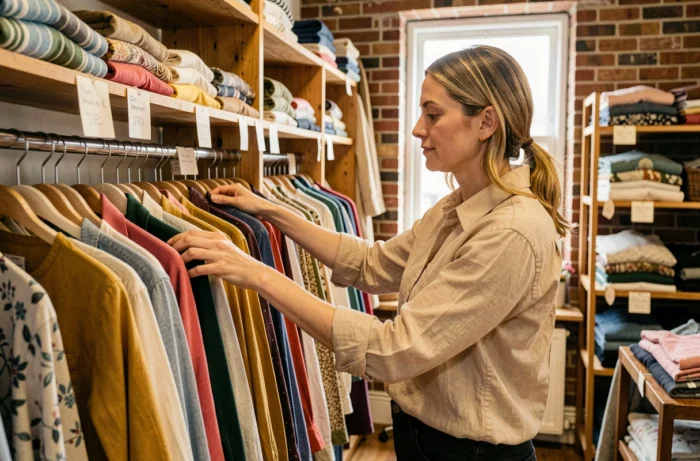 Femme qui fait du shopping dans une friperie vintage organisée, parcourant des vêtements d'occasion colorés sur un portant en bois