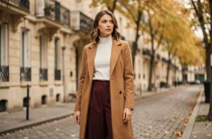 Femme élégante en manteau camel et pantalon bordeaux dans une rue pavée parisienne en automne, tendances mode intemporelles