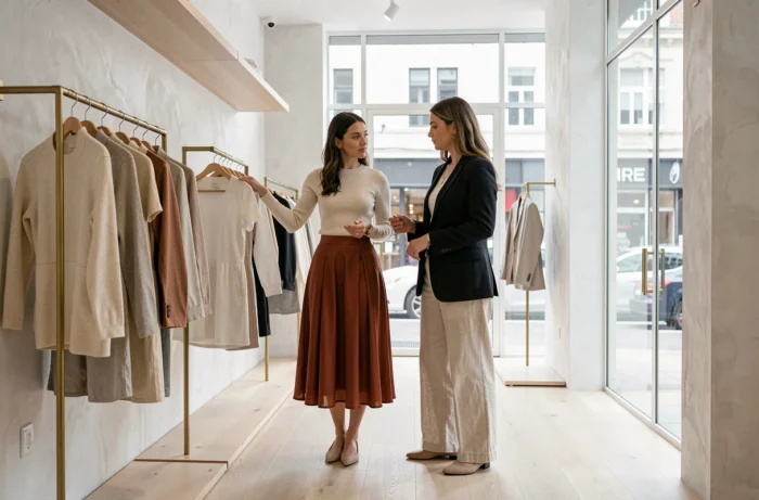 Deux femmes élégantes explorant une boutique de mode minimaliste, tenues tendances en soie terracotta et lin écru