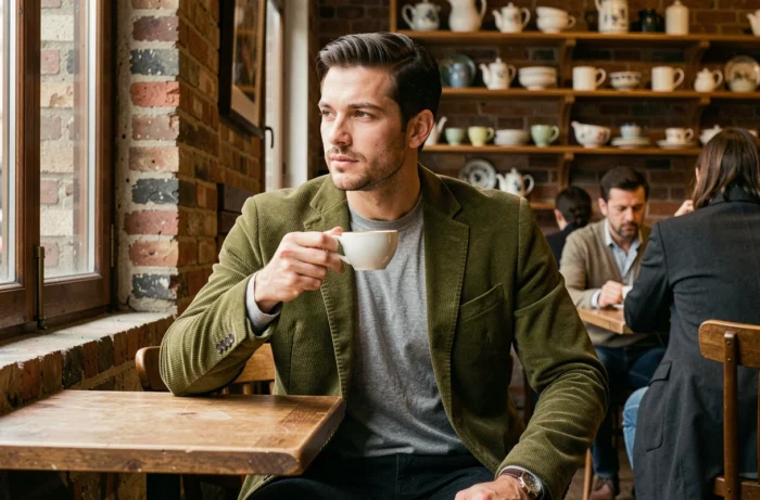 Homme stylé en blazer en velours côtelé olive dans un café parisien, mode masculine tendance et élégante