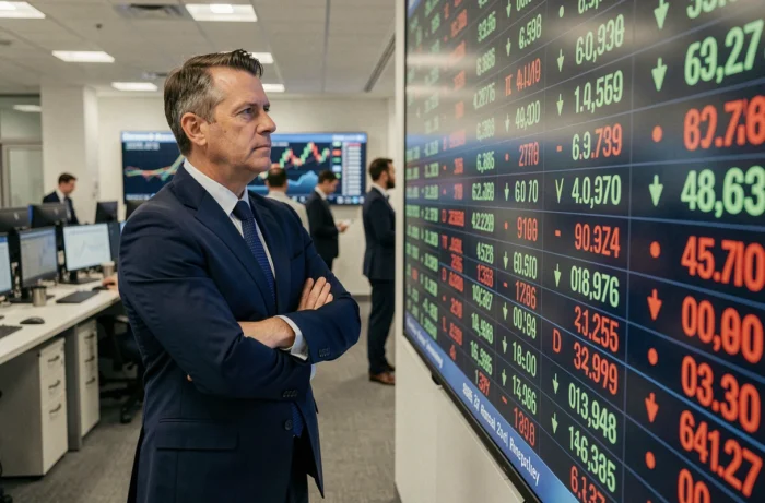 Trader professionnel observant un tableau de cotations boursières en temps réel sur un grand écran dans une salle des marchés