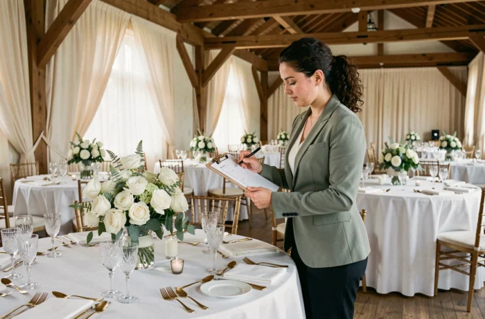 Wedding planner organisant les détails d'une salle de réception de mariage élégante avec tables décorées